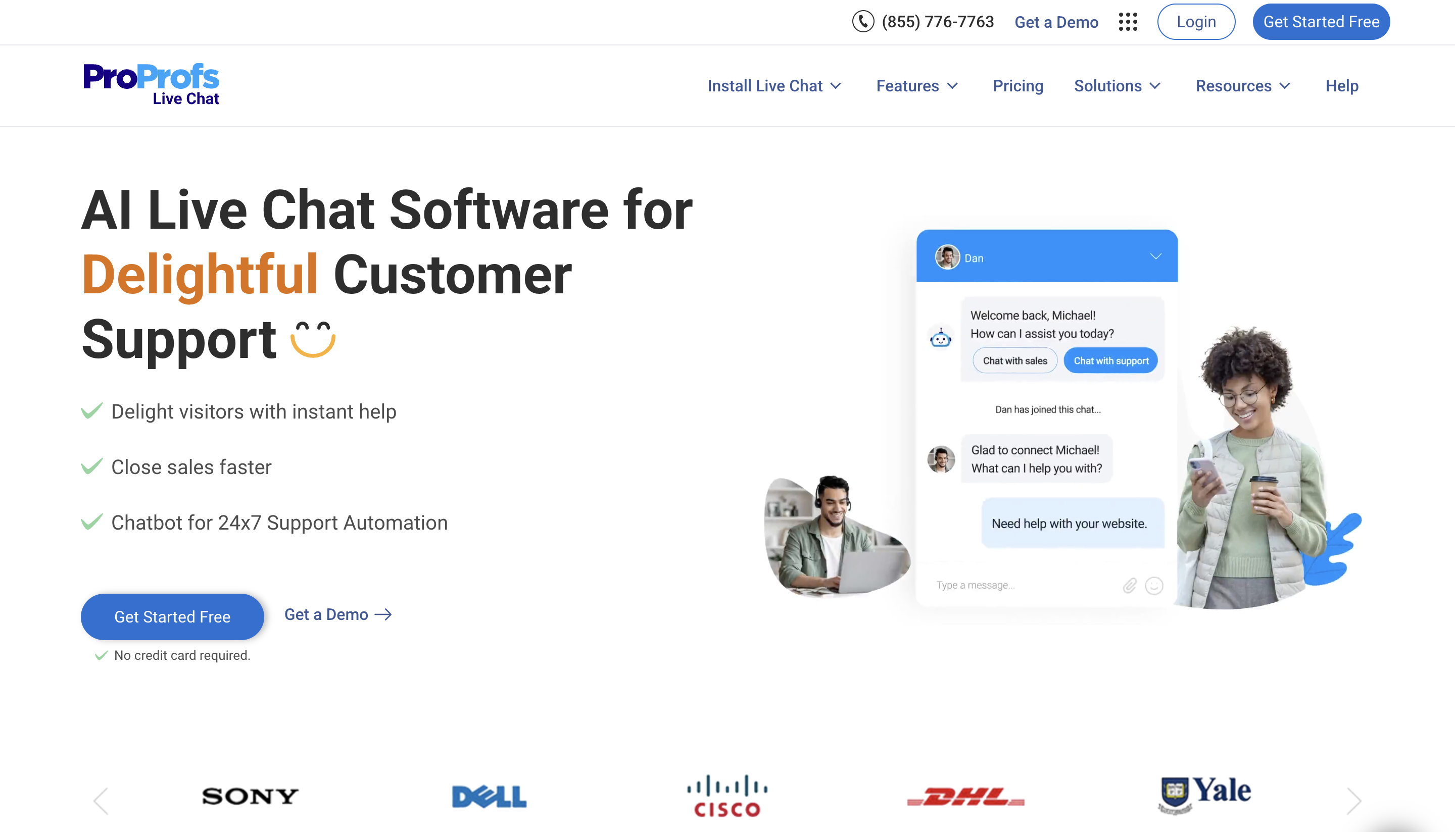 Screenshot of the ProProfs Live Chat website homepage featuring the headline "AI Live Chat Software for Delightful Customer Support," a chat widget preview with an agent and chatbot conversation, call-to-action buttons for "Get Started Free" and "Get a Demo," feature highlights for instant help, faster sales, and 24x7 chatbot support, and customer logos including Sony, Dell, Cisco, DHL, and Yale.